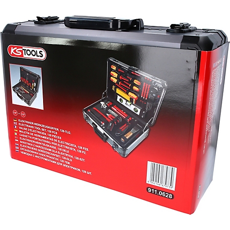 Werkzeugkoffer mit Werkzeug, geöffnet auf rotem Hintergrund. Der Koffer trägt das KS TOOLS Logo und Text in verschiedenen Sprachen.